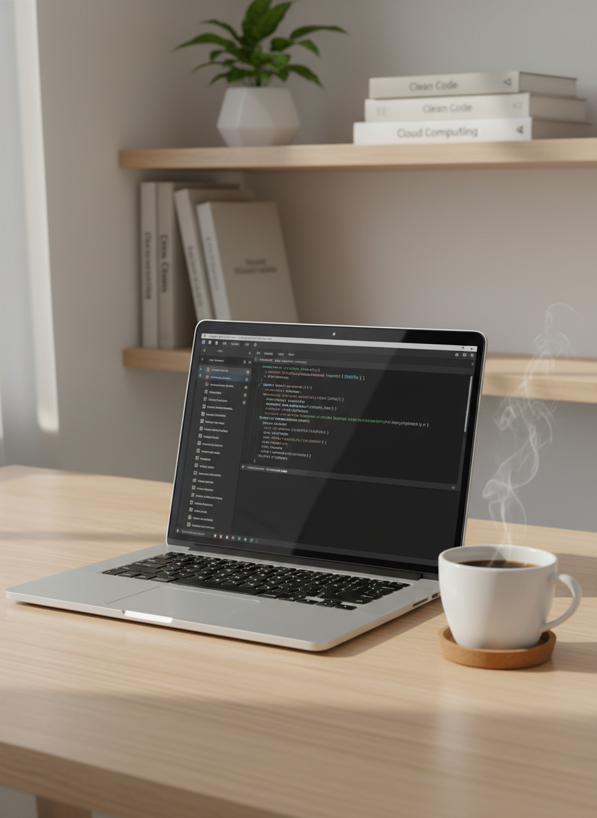 A sleek silver laptop with a subtle brushed-metal texture sits open on a clean, light-wood desk, its screen displaying a dark-mode Java code editor with neatly formatted enterprise application code, package structure, and class definitions. Next to it, a pristine white ceramic coffee cup with a soft gloss finish rests on a simple coaster, steam rising in delicate wisps. In the background, a blurred view of minimalist shelving with neutral-toned tech books and a single potted plant adds depth. Soft morning daylight from an unseen window creates calm, even illumination with gentle shadows, emphasizing clean lines and order. Captured at an eye-level, three-quarter angle with shallow depth of field, the composition feels structured, professional, and photographic, ideal for a corporate Java software blog hero image.
